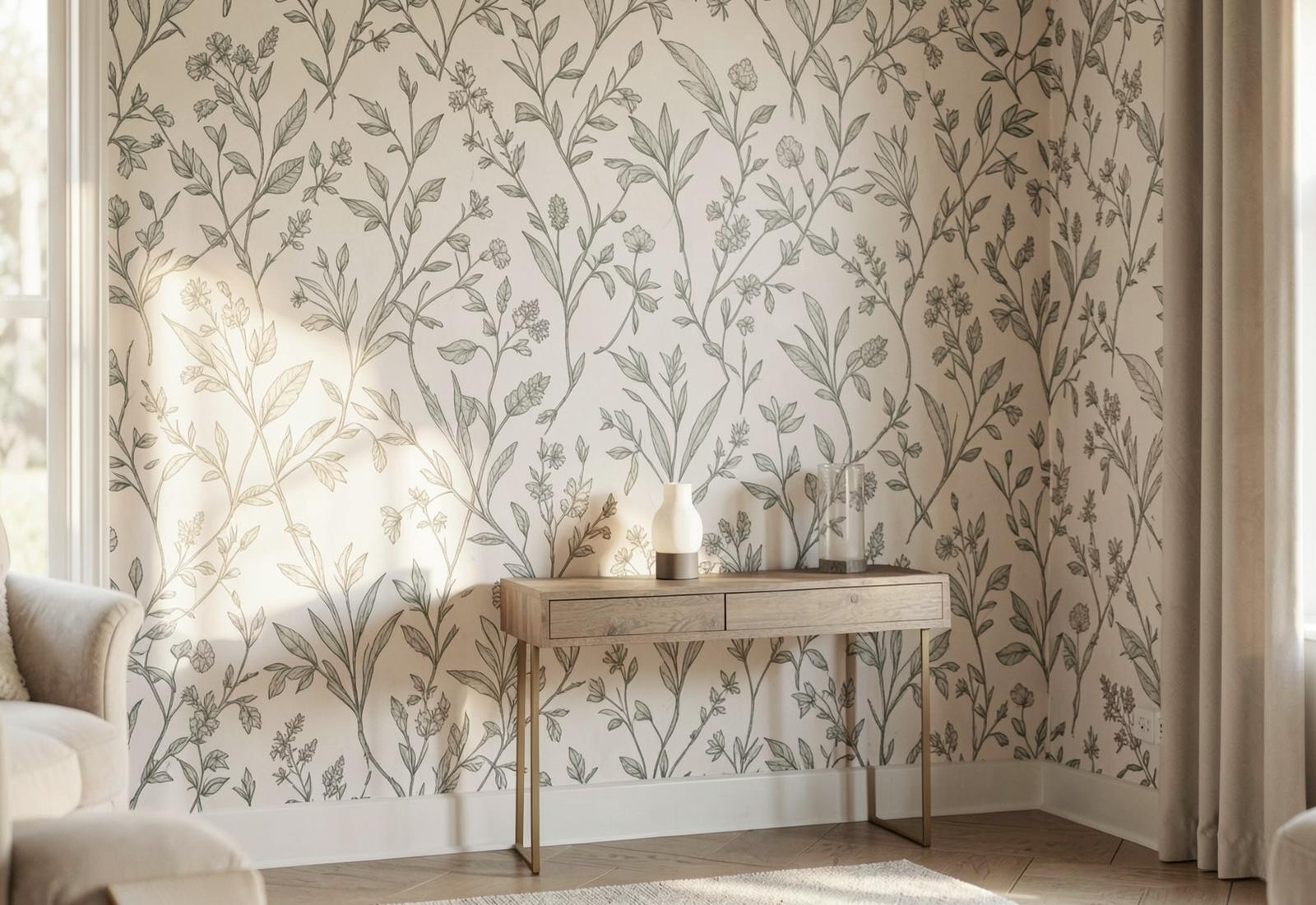 Soggiorno con parete rivestita di carta da parati botanica di design